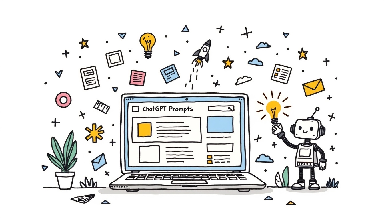 Doodle-Illustration eines Laptops mit der Überschrift „ChatGPT Prompts“ auf dem Bildschirm, umgeben von Symbolen für Content-Erstellung und Marketing. Daneben hält ein KI-Roboter eine leuchtende Glühbirne als Symbol für kreative Ideen und pr