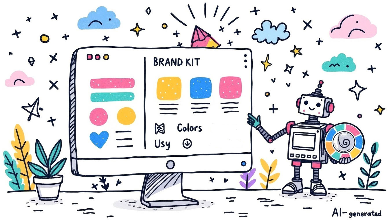 Handgezeichnete Doodle-Illustration eines Computerbildschirms mit einem Canva Brand Kit, das Farbpaletten und Designelemente zeigt. Daneben hält ein KI-Roboter einen Farbkreis, während dekorative Symbole und Pflanzen die Themen Branding, Design und