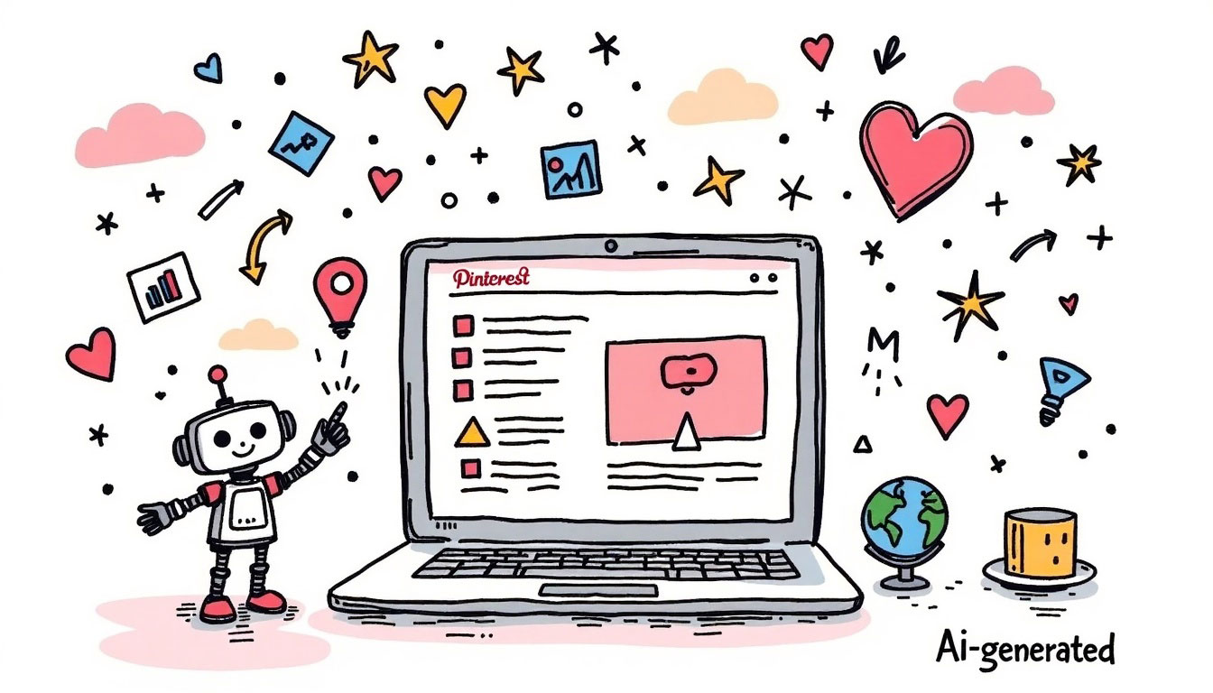 Handgezeichnete Doodle-Illustration eines Laptops mit einer Pinterest-Oberfläche auf dem Bildschirm. Daneben zeigt ein freundlicher KI-Roboter auf ein Ideensymbol, während Herzen, Diagramme, Pfeile und eine Weltkugel die Themen Reichweite, Content-